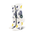 Cream crew socks with navy and yellow seahorses and hippocampus designs.  A whimsical ocean-themed sock.