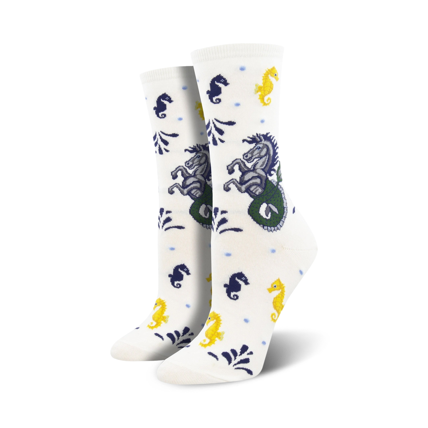 Cream crew socks with navy and yellow seahorses and hippocampus designs.  A whimsical ocean-themed sock.