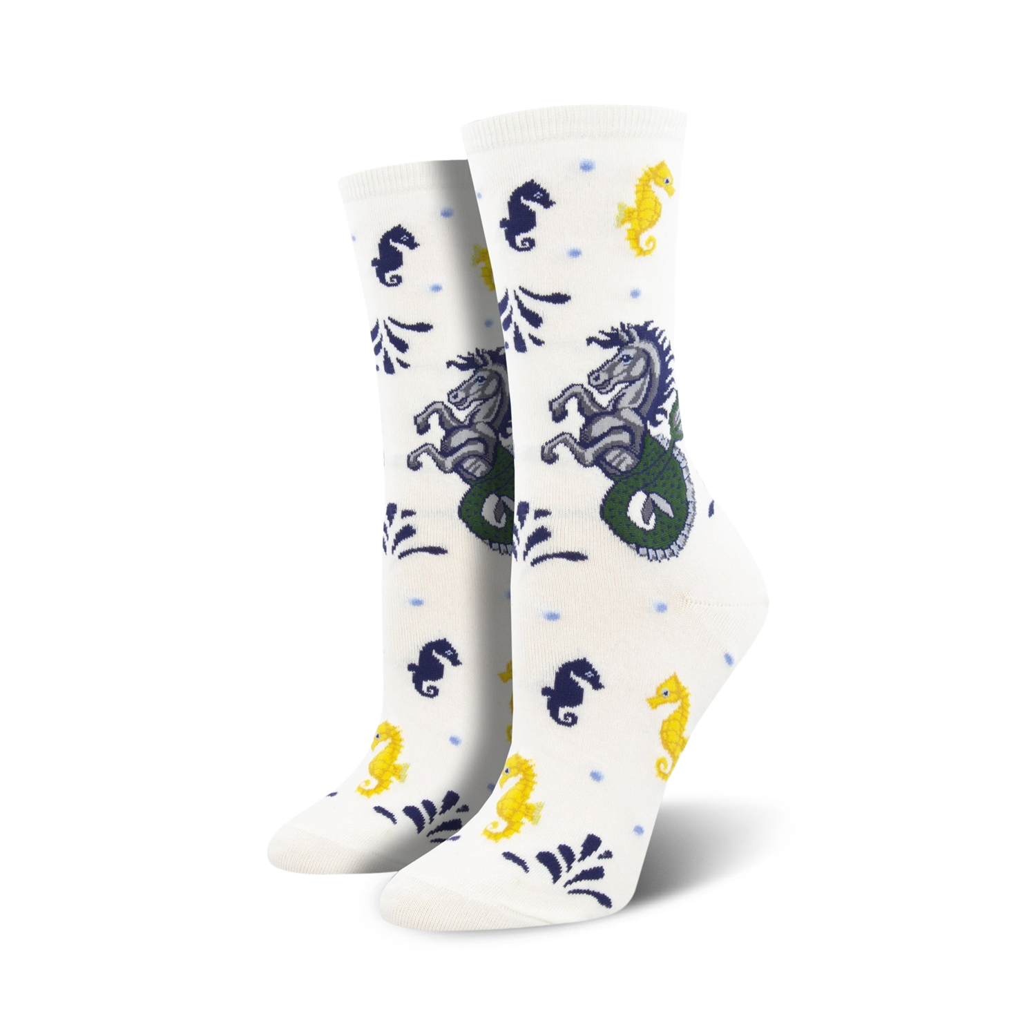 Cream crew socks with navy and yellow seahorses and hippocampus designs.  A whimsical ocean-themed sock.