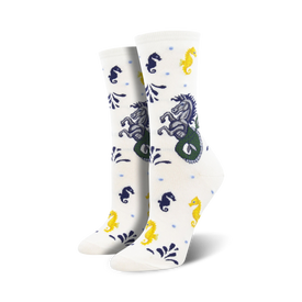 white socks for women featuring hippocampus and seahorses   