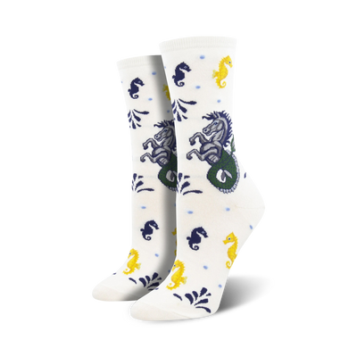 white socks for women featuring hippocampus and seahorses   