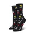 Pair of black crew socks with a pattern of colorful tools, including wrenches, hammers, pliers, and a tape measure.