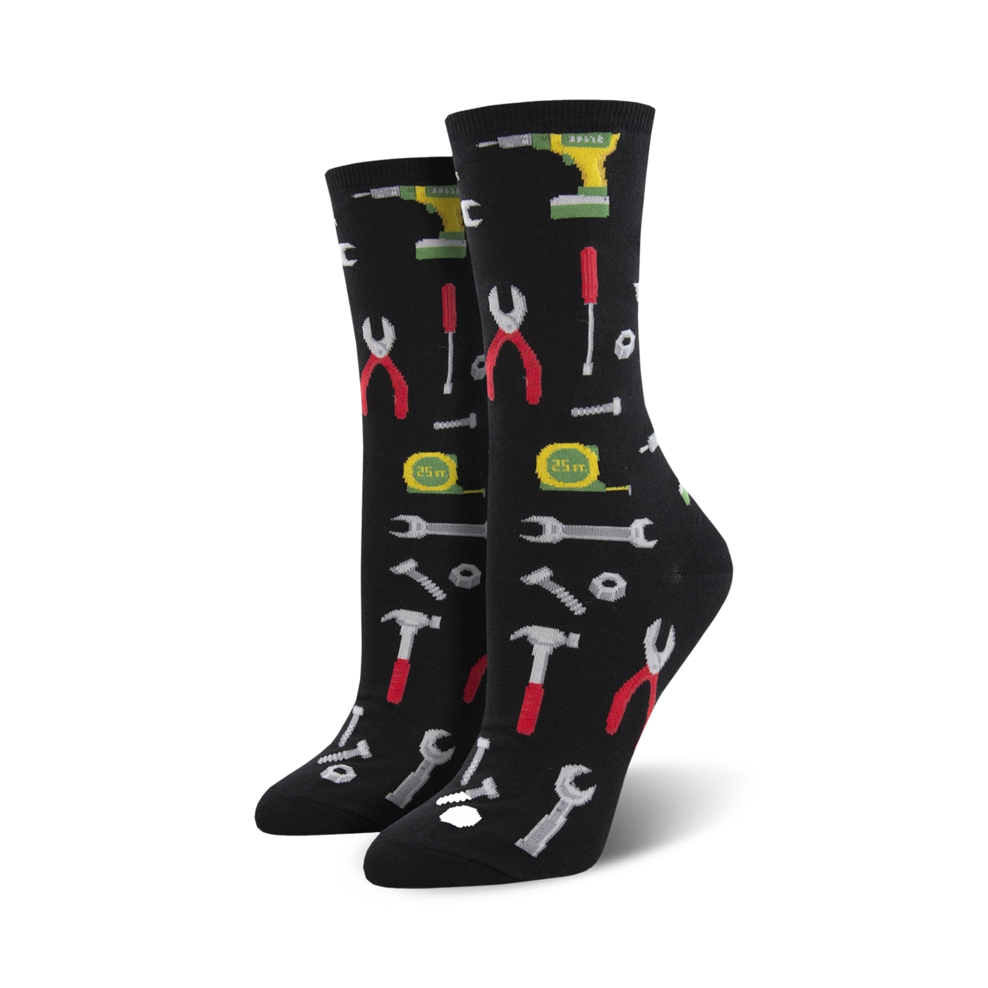 Pair of black crew socks with a pattern of colorful tools, including wrenches, hammers, pliers, and a tape measure.