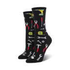Pair of black crew socks with a pattern of colorful tools, including wrenches, hammers, pliers, and a tape measure.