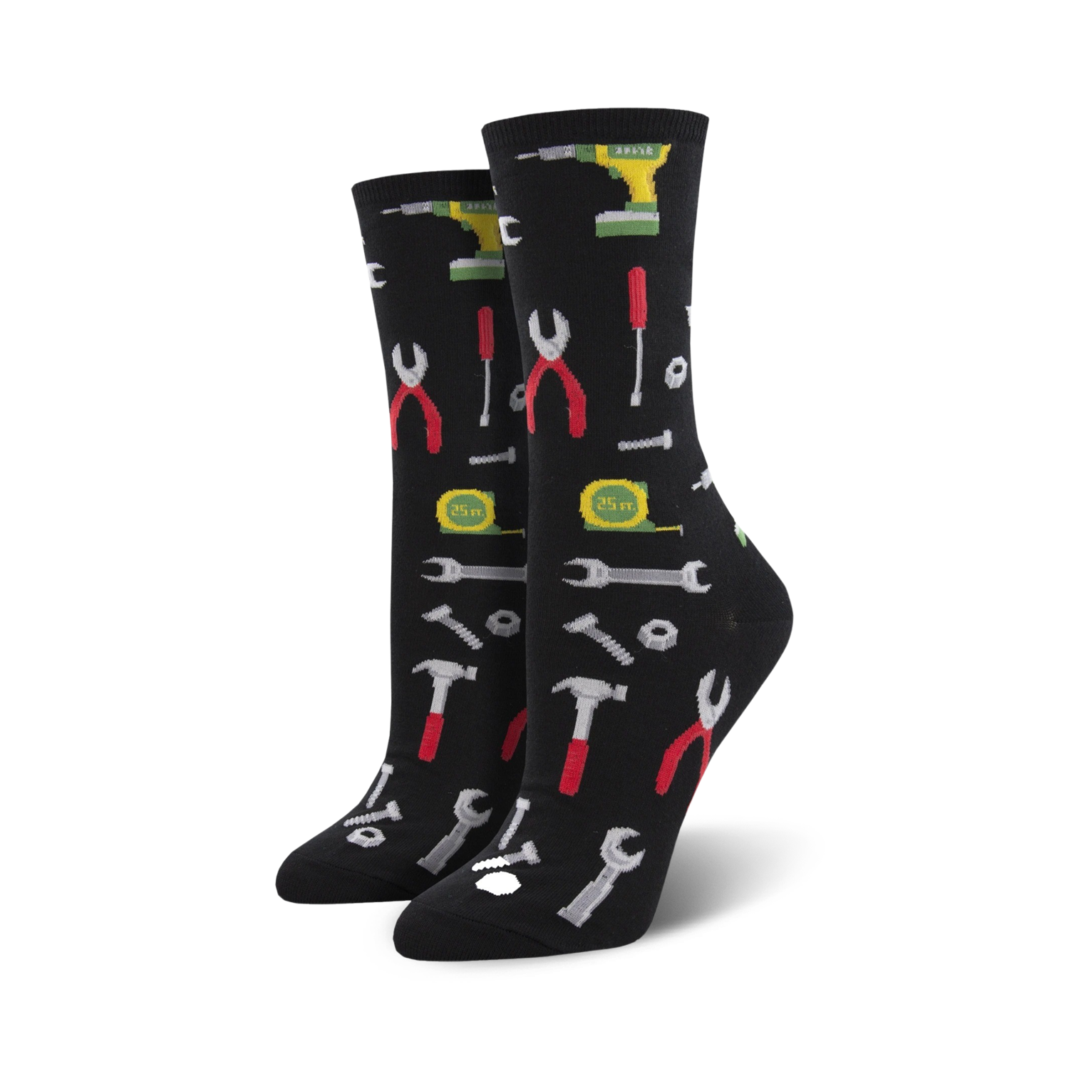 Pair of black crew socks with a pattern of colorful tools, including wrenches, hammers, pliers, and a tape measure.