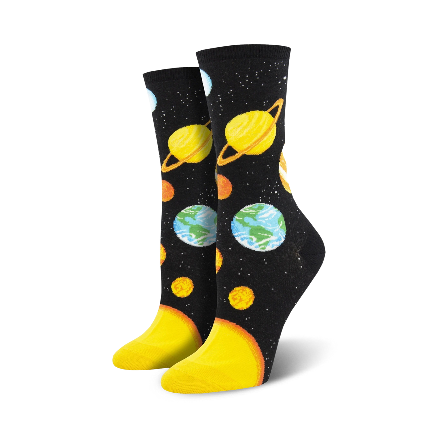 Crew socks with a black background, featuring colorful planets, stars, and yellow soles.  A fun, space-themed design.