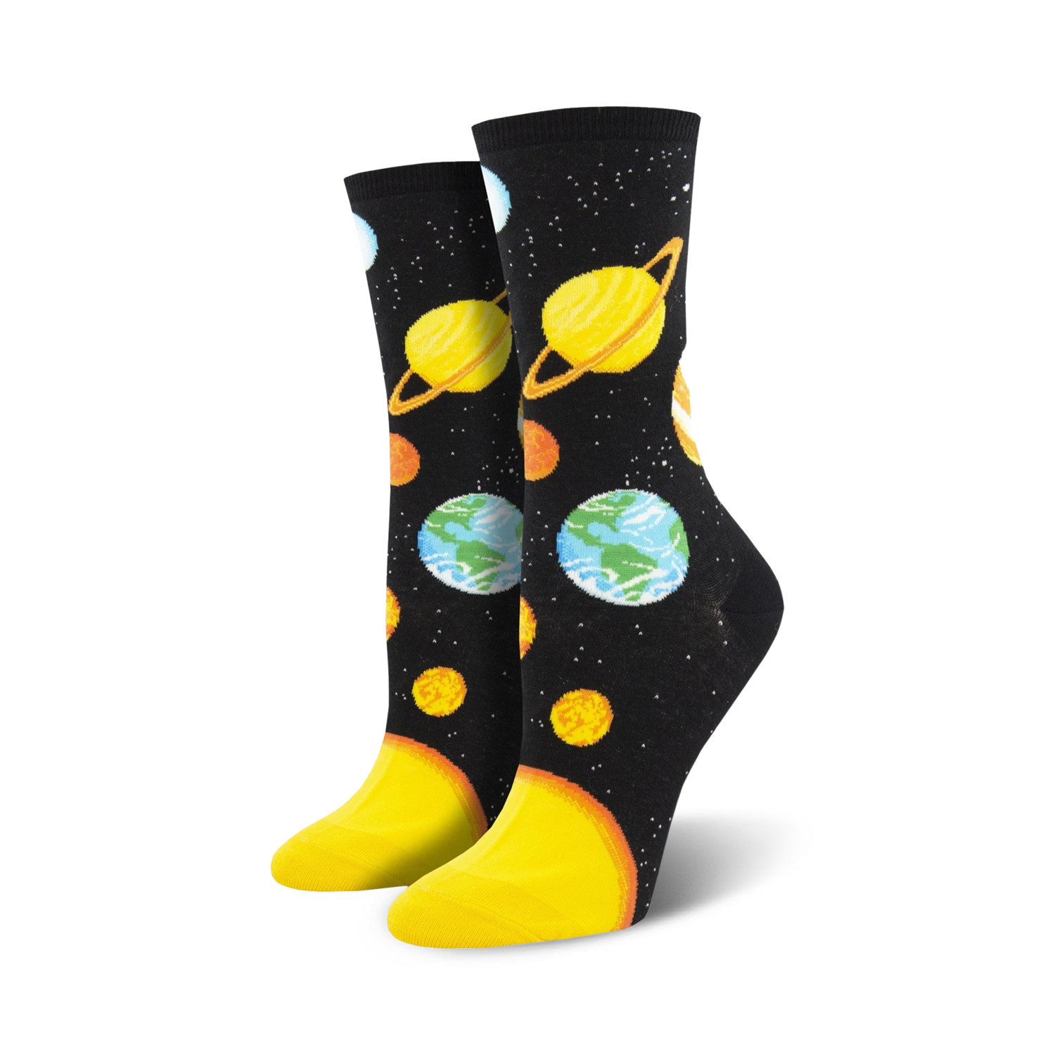 Crew socks with a black background, featuring colorful planets, stars, and yellow soles.  A fun, space-themed design.