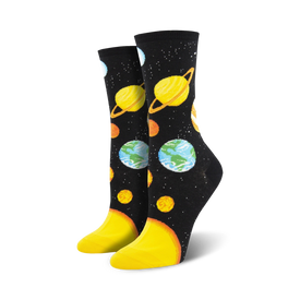 black crew socks with glittering planets, moons and stars for women   