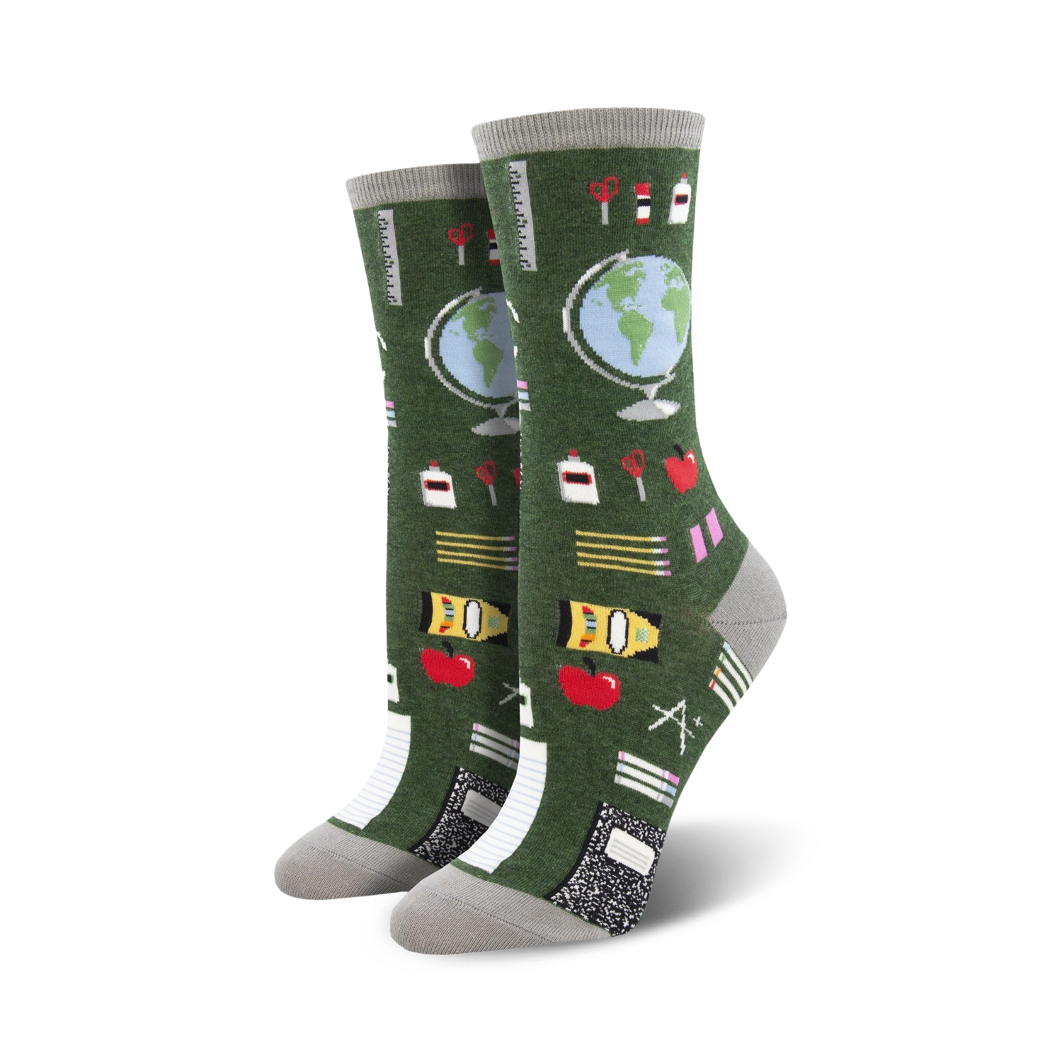 Pair of crew socks; green background with school supplies, globe, and apples; grey cuff.