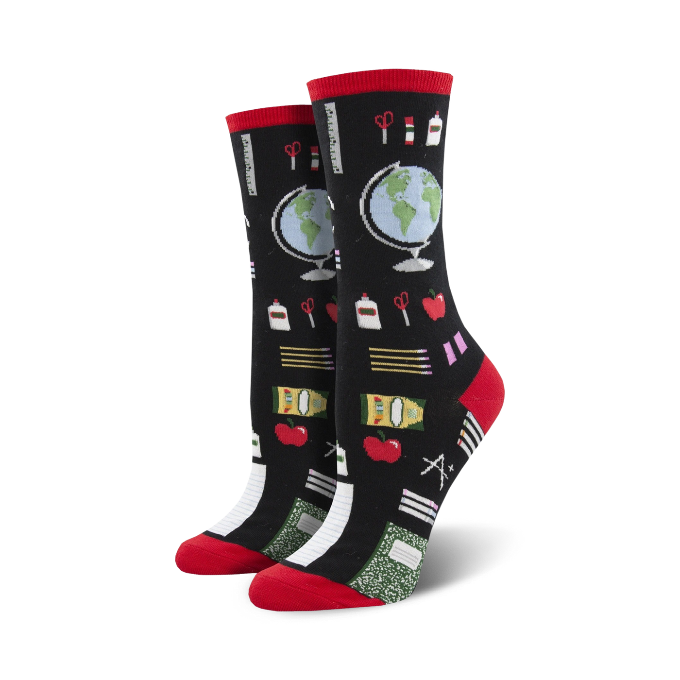 Lifestyle shot: A person's feet wearing black Study Buddy socks with red cuffs.