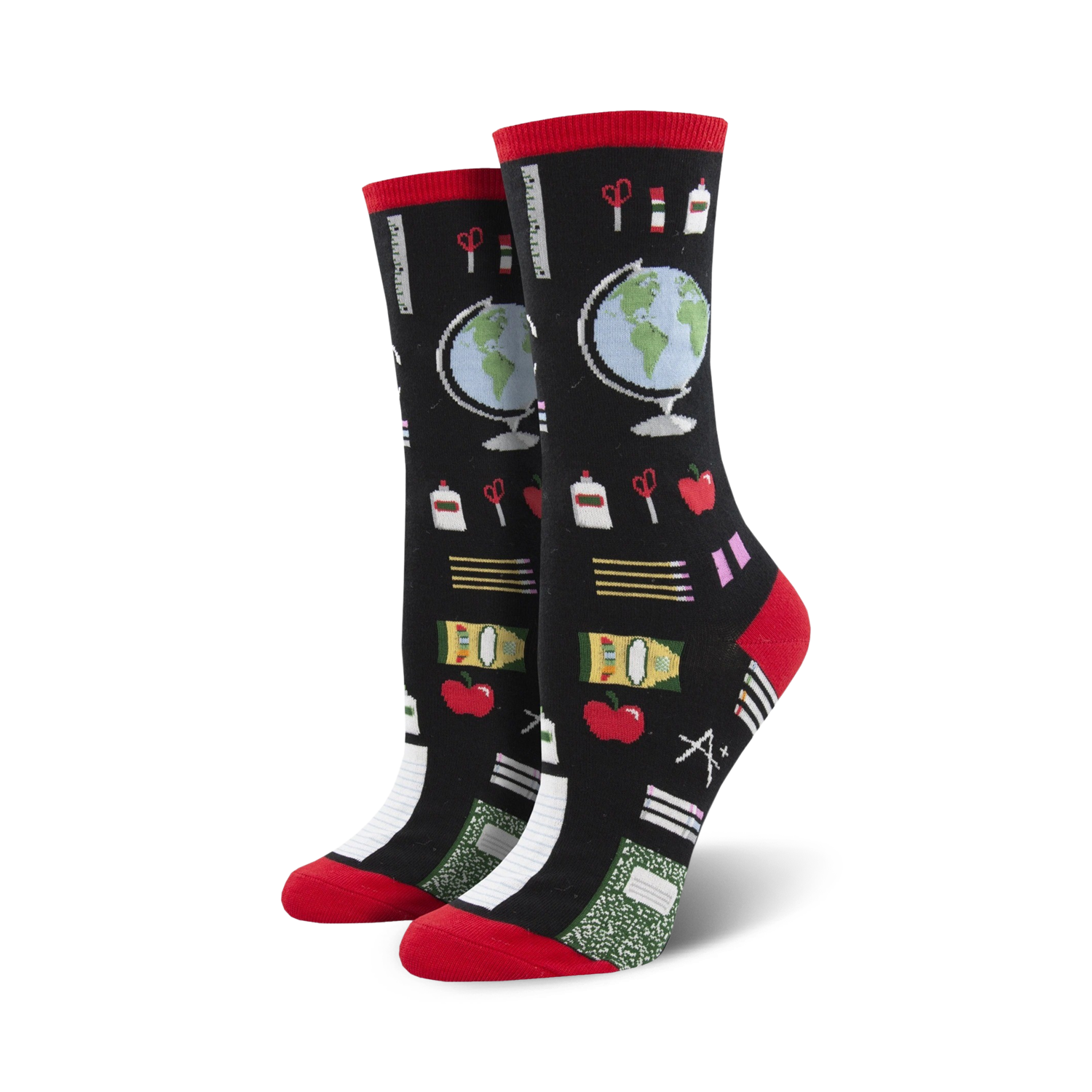 Lifestyle shot: A person's feet wearing black Study Buddy socks with red cuffs.