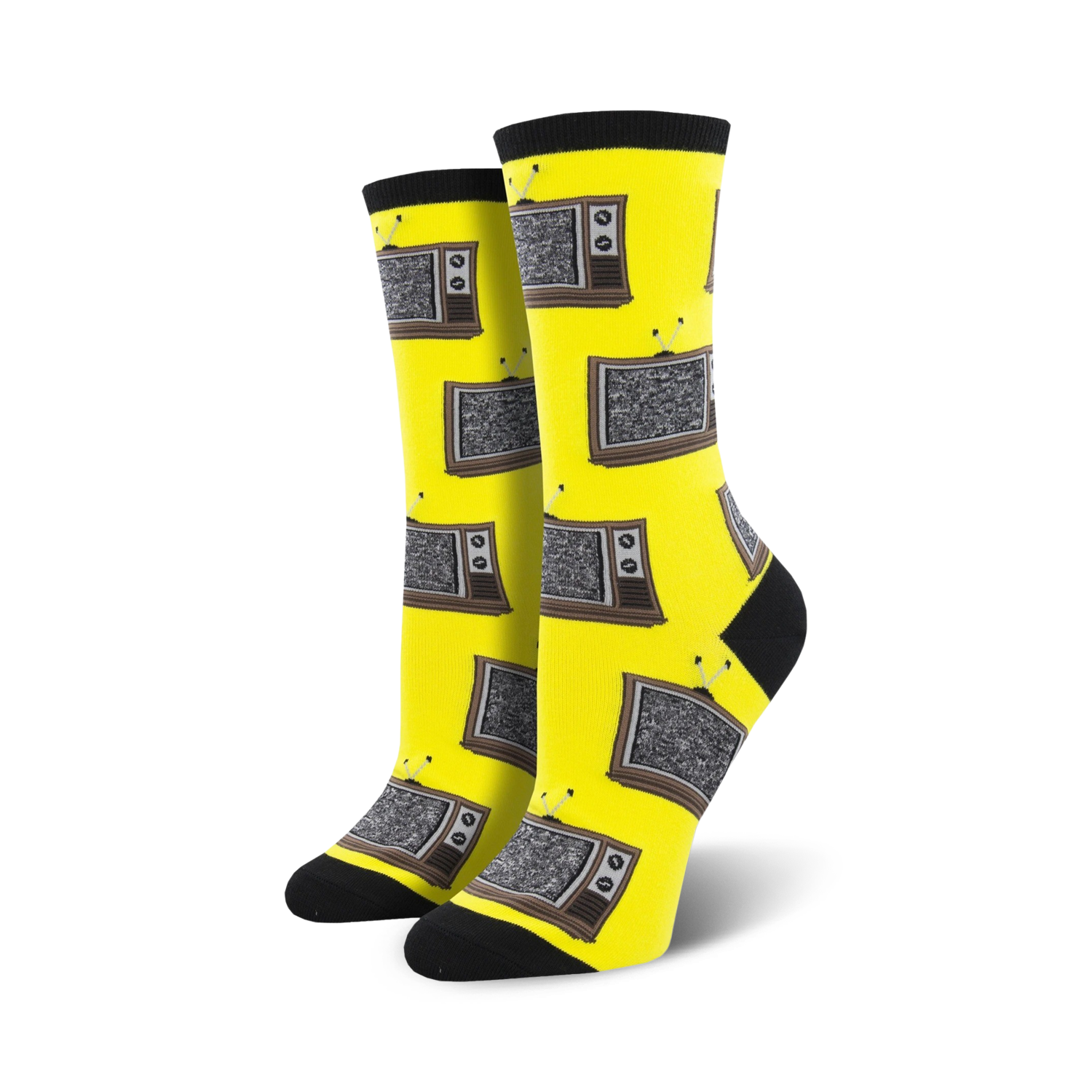 Pair of crew socks; yellow and black or pink and black; features a repeating pattern of vintage television sets with static.