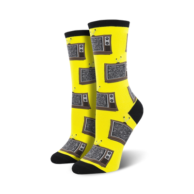 yellow crew socks for women featuring a pattern of retro televisions in gray, black, and white.   