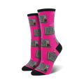 Close-up of pink Retro TV socks showing the detail of the vintage TV pattern.
