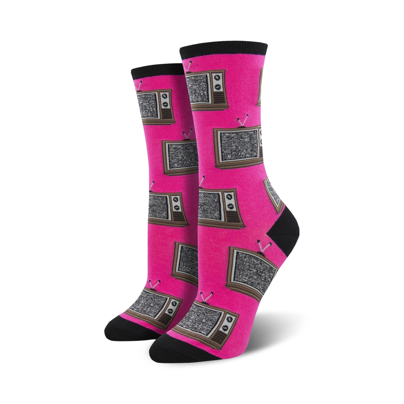 Close-up of pink Retro TV socks showing the detail of the vintage TV pattern.