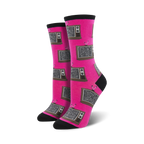 Close-up of pink Retro TV socks showing the detail of the vintage TV pattern.