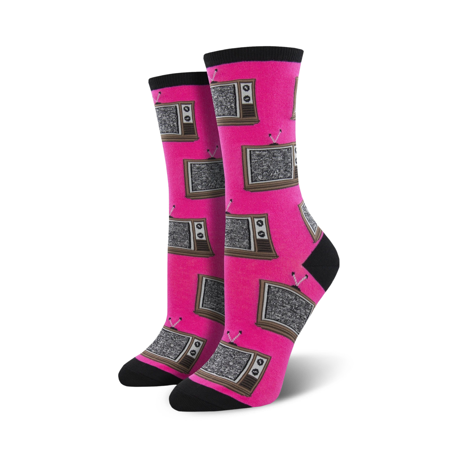 Close-up of pink Retro TV socks showing the detail of the vintage TV pattern.