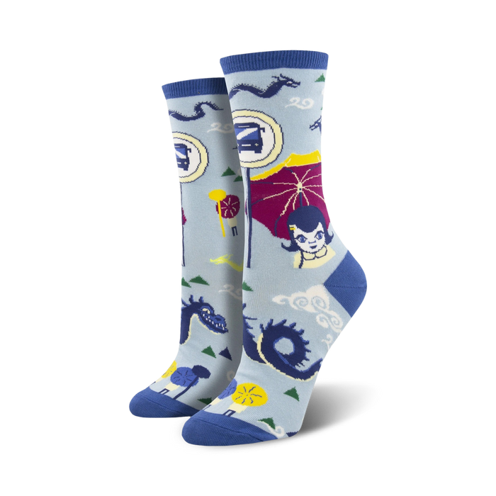 blue crew socks featuring buses, dragons, clouds, and a girl in a chinese dress  