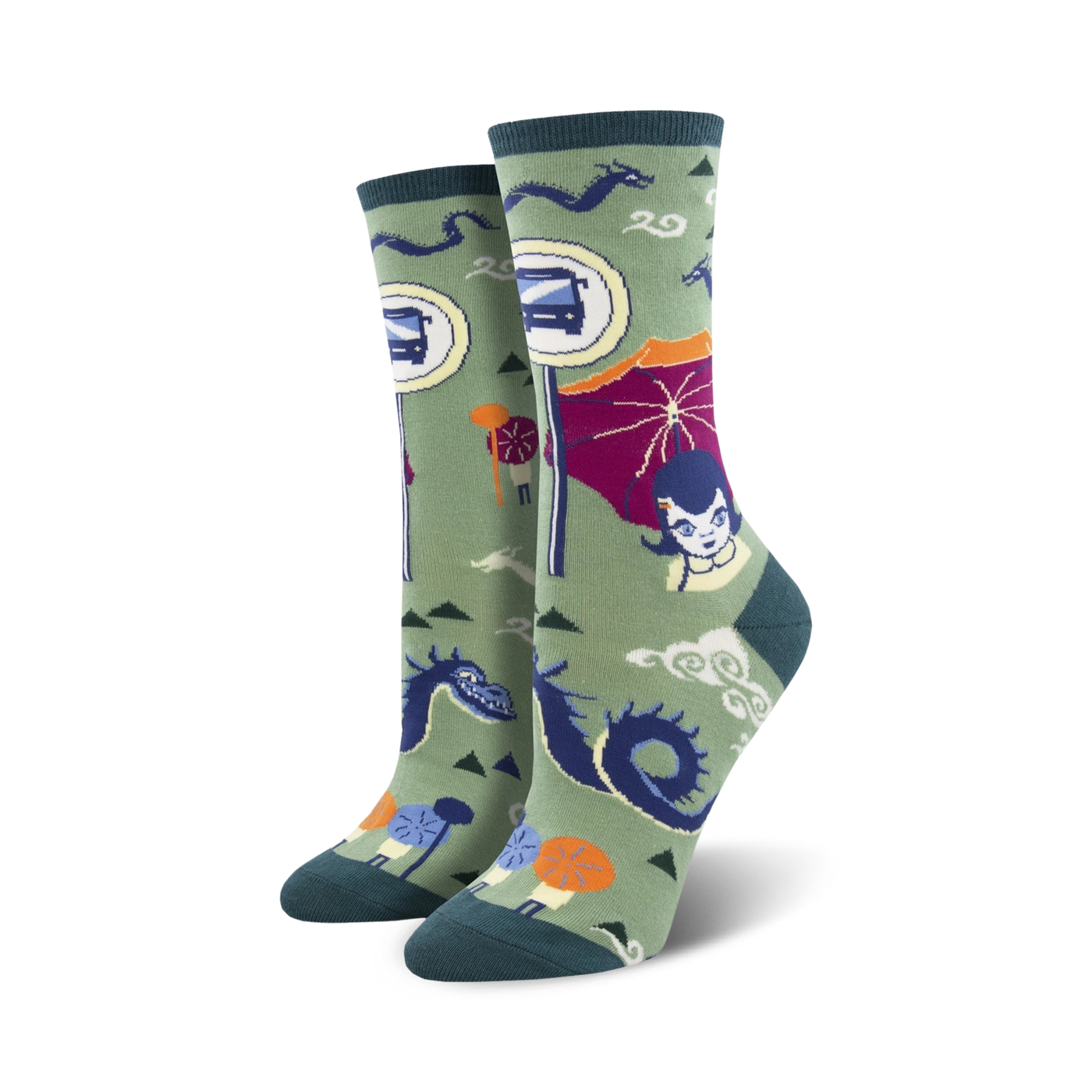 A close-up of the same 'Bus Stop' socks, but this time on a green background. The design elements are identical.