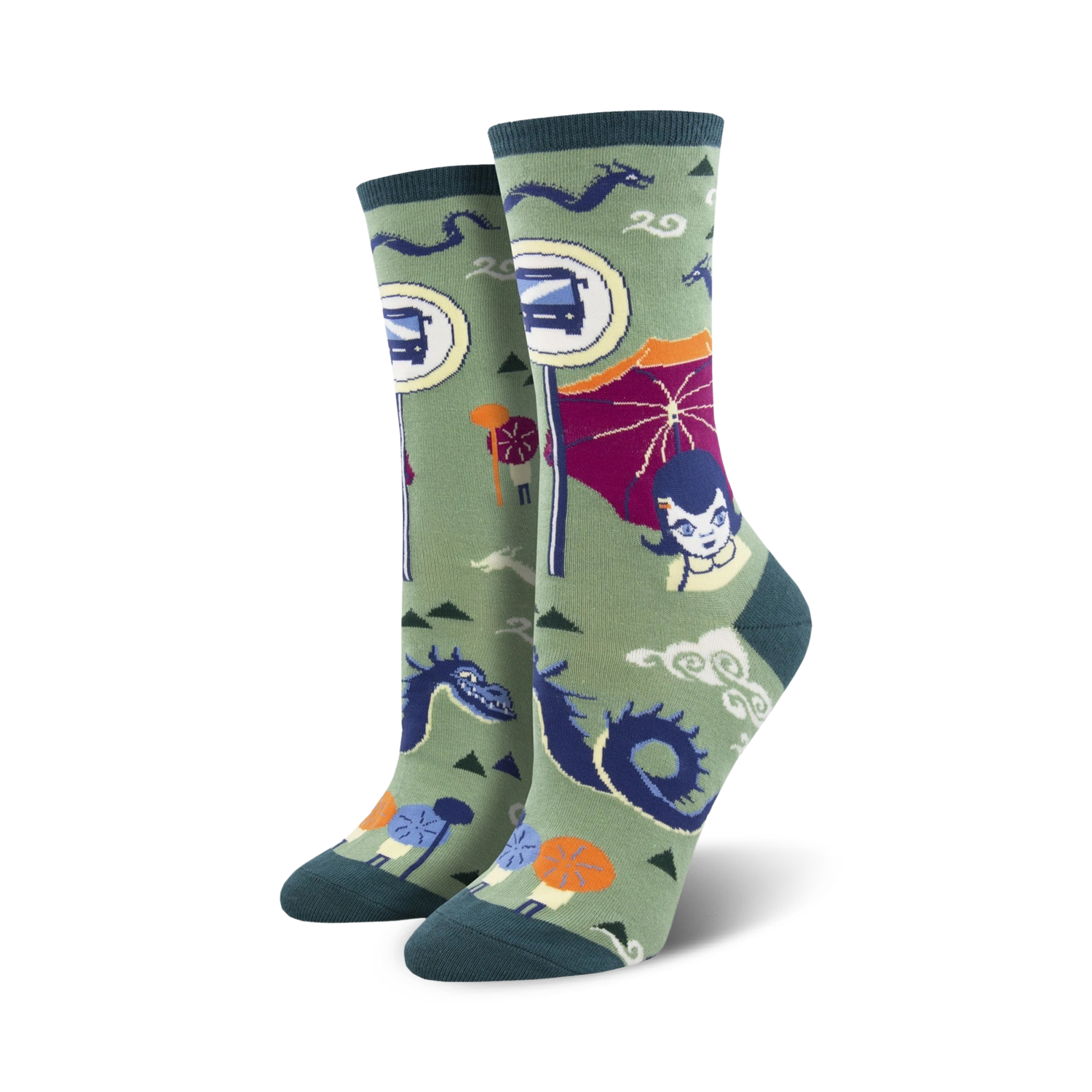 A close-up of the same 'Bus Stop' socks, but this time on a green background. The design elements are identical.
