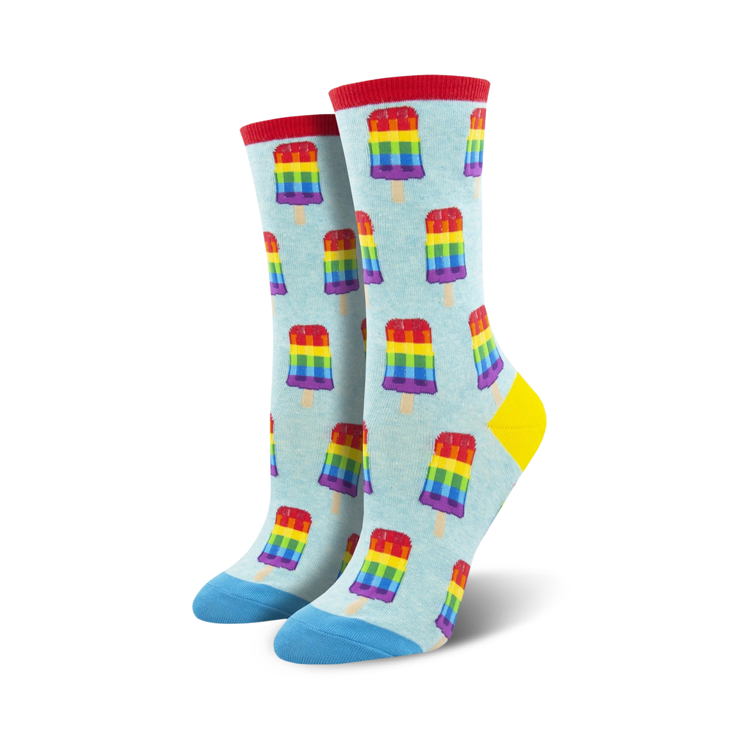 Pair of crew socks; light blue background with repeating rainbow popsicle pattern; blue and red accents at the toe and heel.