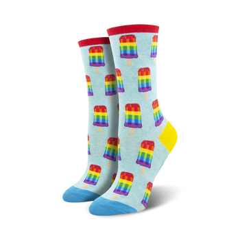 vibrant rainbow popsicle print crew socks in blue representing lgbtq pride. women's sizes. machine washable. soft and durable.   