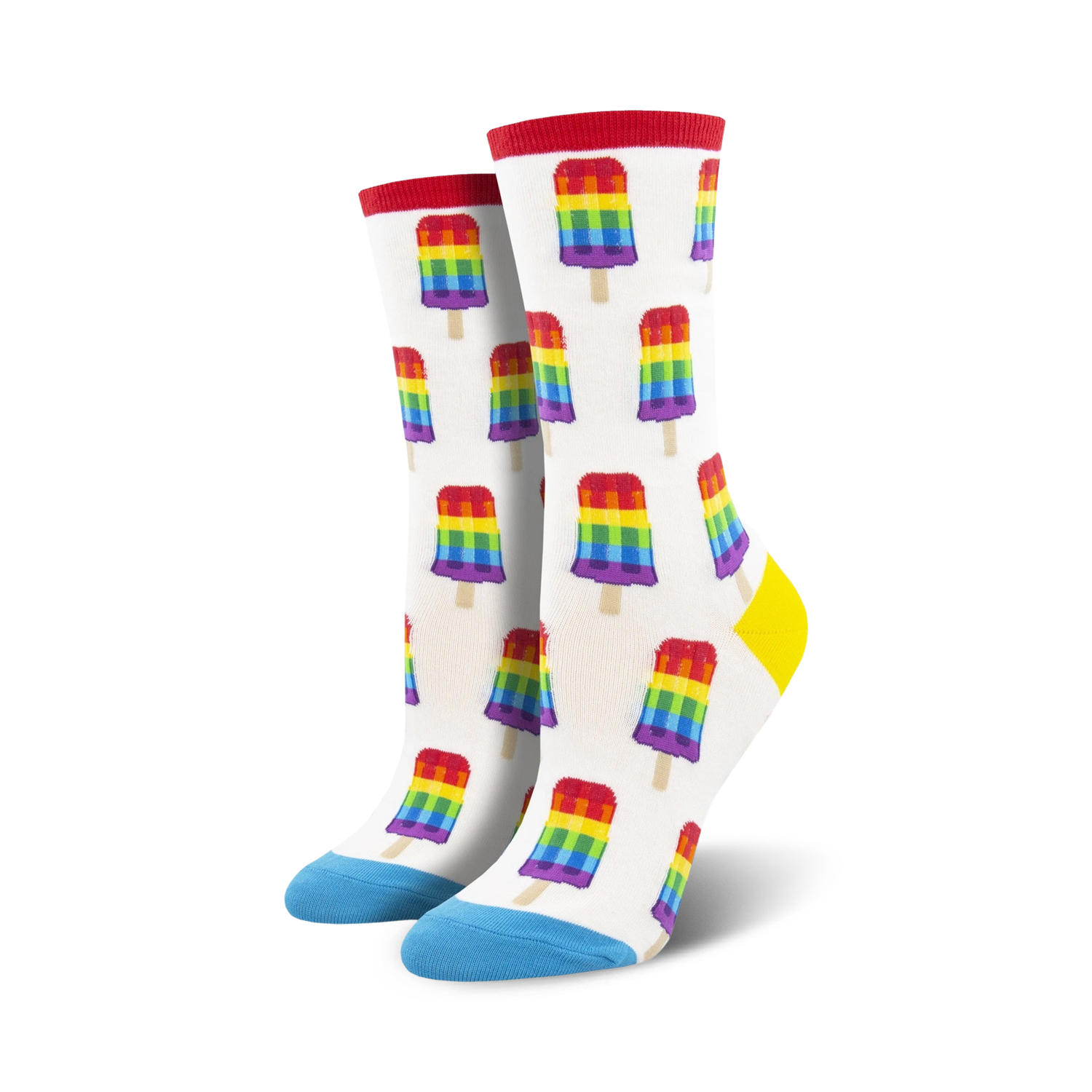 Close-up of a pair of rainbow popsicle crew socks on a white background.