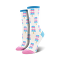 Pair of crew socks with a white background and repeating pattern of light blue, pink, and white popsicles. Pink and light blue accents at the cuffs and toes.