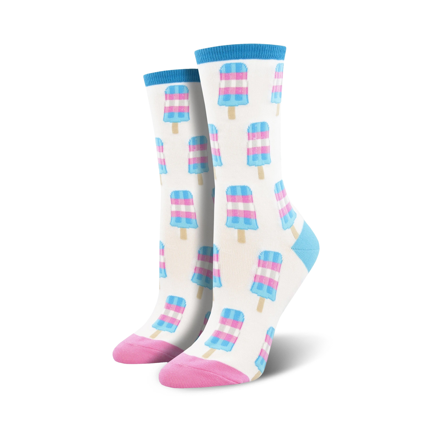 Pair of crew socks with a white background and repeating pattern of light blue, pink, and white popsicles. Pink and light blue accents at the cuffs and toes.