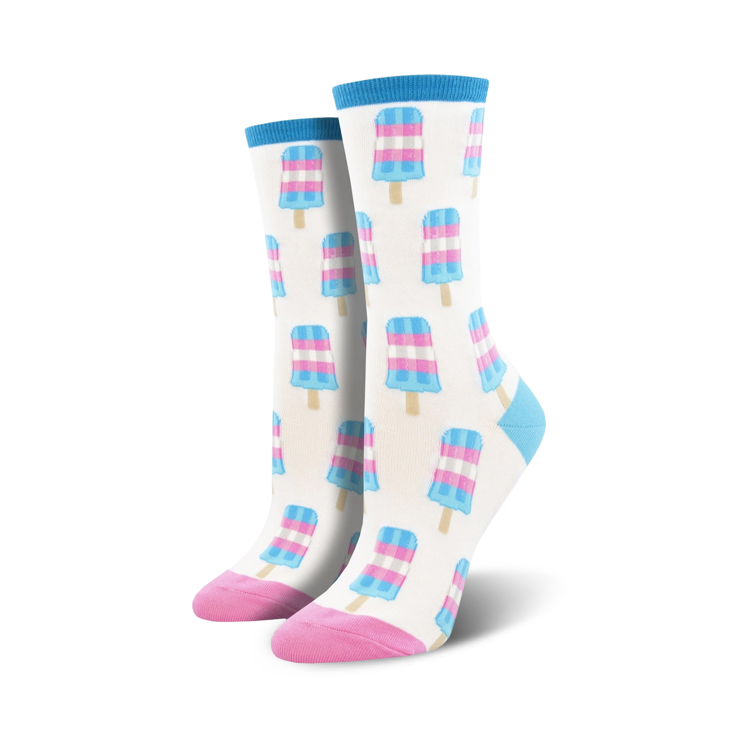 Pair of crew socks with a white background and repeating pattern of light blue, pink, and white popsicles. Pink and light blue accents at the cuffs and toes.