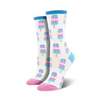 pink, blue, and white popsicle print crew socks with pink toes and heels, blue cuffs. lgbtqia pride theme.  