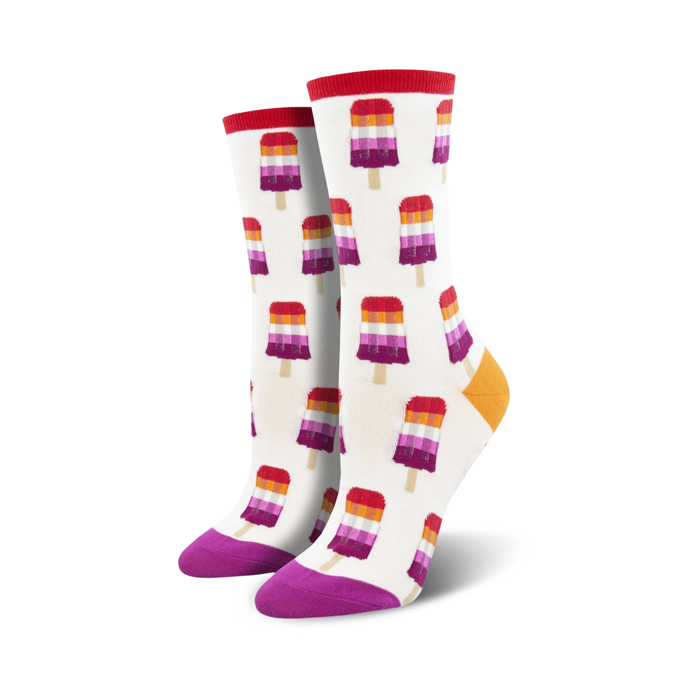 Pair of crew socks with a white background and repeating pattern of lesbian flag-colored popsicles.  Red, orange, purple, and white popsicle design; purple and orange heel and toe.