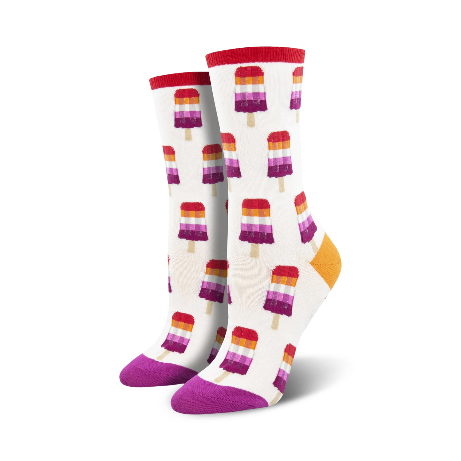 Pair of crew socks with a white background and repeating pattern of lesbian flag-colored popsicles.  Red, orange, purple, and white popsicle design; purple and orange heel and toe.
