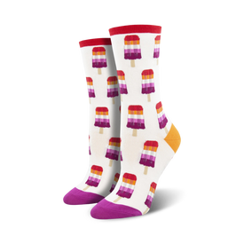 multicolored popsicle-patterned crew socks with purple toes and heels. lgbtqia+ themed.   