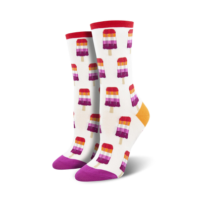 multicolored popsicle-patterned crew socks with purple toes and heels. lgbtqia+ themed.   