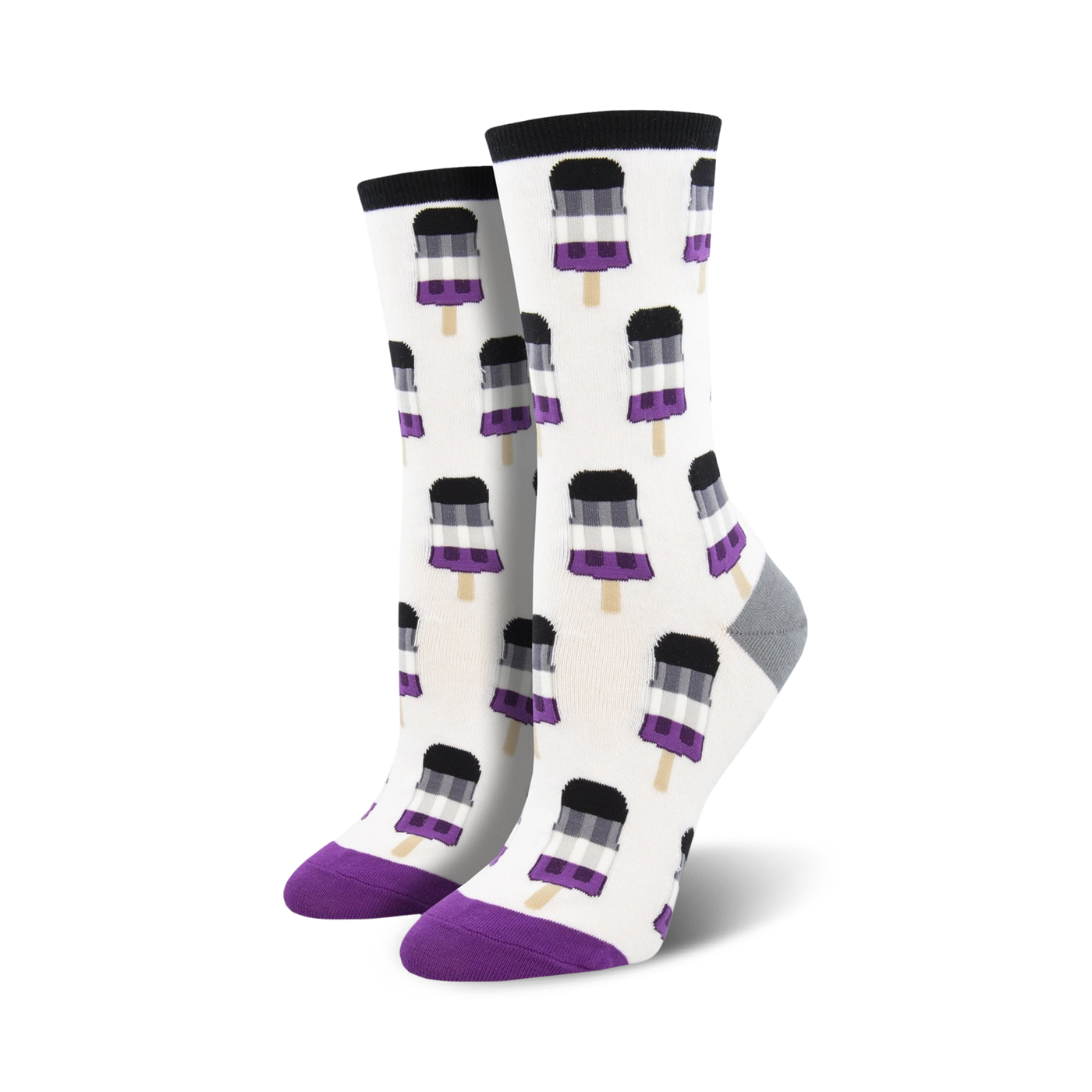 Pair of women's crew socks. White background with repeating pattern of black, white, and purple popsicles on sticks.