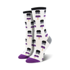 Pair of women's crew socks. White background with repeating pattern of black, white, and purple popsicles on sticks.