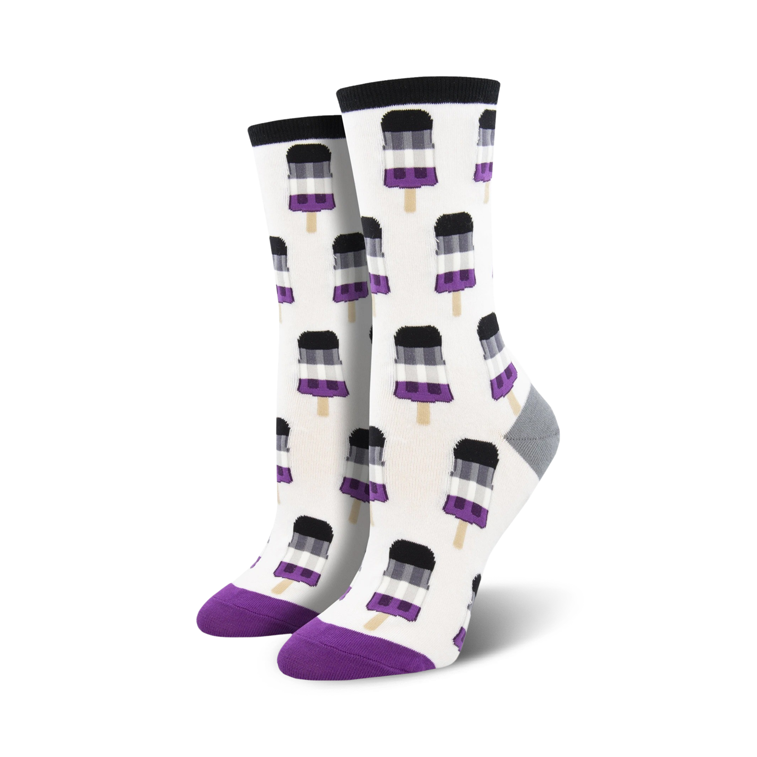 Pair of women's crew socks. White background with repeating pattern of black, white, and purple popsicles on sticks.