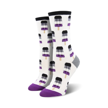 womens crew socks with popsicle pattern in purple, black, gray. lgbtqia theme  