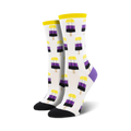 A pair of crew socks with a whimsical pattern of non-binary pride popsicles in yellow, purple, and black on a white background.