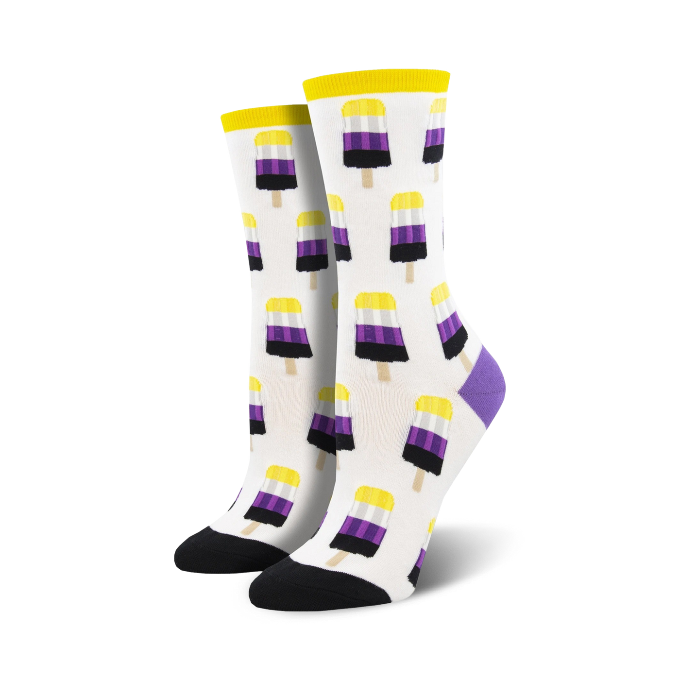 A pair of crew socks with a whimsical pattern of non-binary pride popsicles in yellow, purple, and black on a white background.