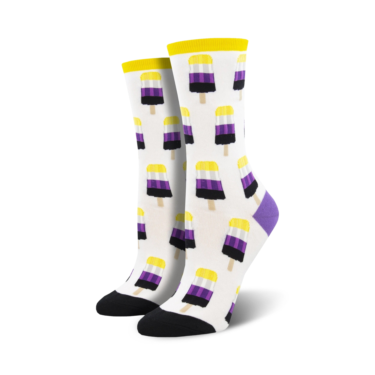 A pair of crew socks with a whimsical pattern of non-binary pride popsicles in yellow, purple, and black on a white background.