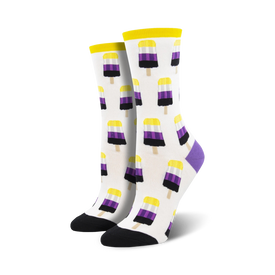 white crew socks with purple toe, heel, and cuff featuring an all-over popsicle pattern in purple, black, and yellow.   