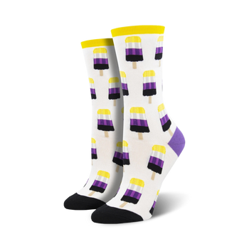 white crew socks with purple toe, heel, and cuff featuring an all-over popsicle pattern in purple, black, and yellow.   