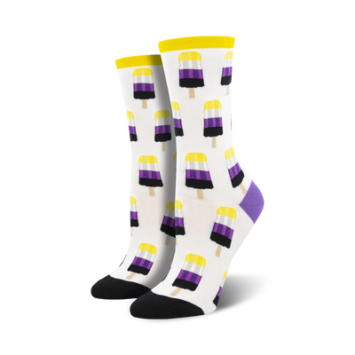 white crew socks with purple toe, heel, and cuff featuring an all-over popsicle pattern in purple, black, and yellow.   