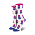 Pair of cream crew socks with a repeating pattern of bisexual pride flag popsicles. Popsicles are pink, purple, and dark blue.