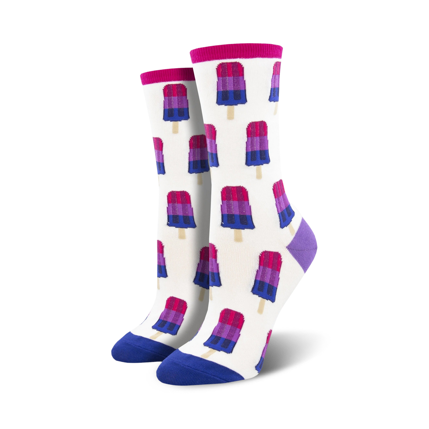 Pair of cream crew socks with a repeating pattern of bisexual pride flag popsicles. Popsicles are pink, purple, and dark blue.