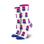 Pair of cream crew socks with a repeating pattern of bisexual pride flag popsicles. Popsicles are pink, purple, and dark blue.