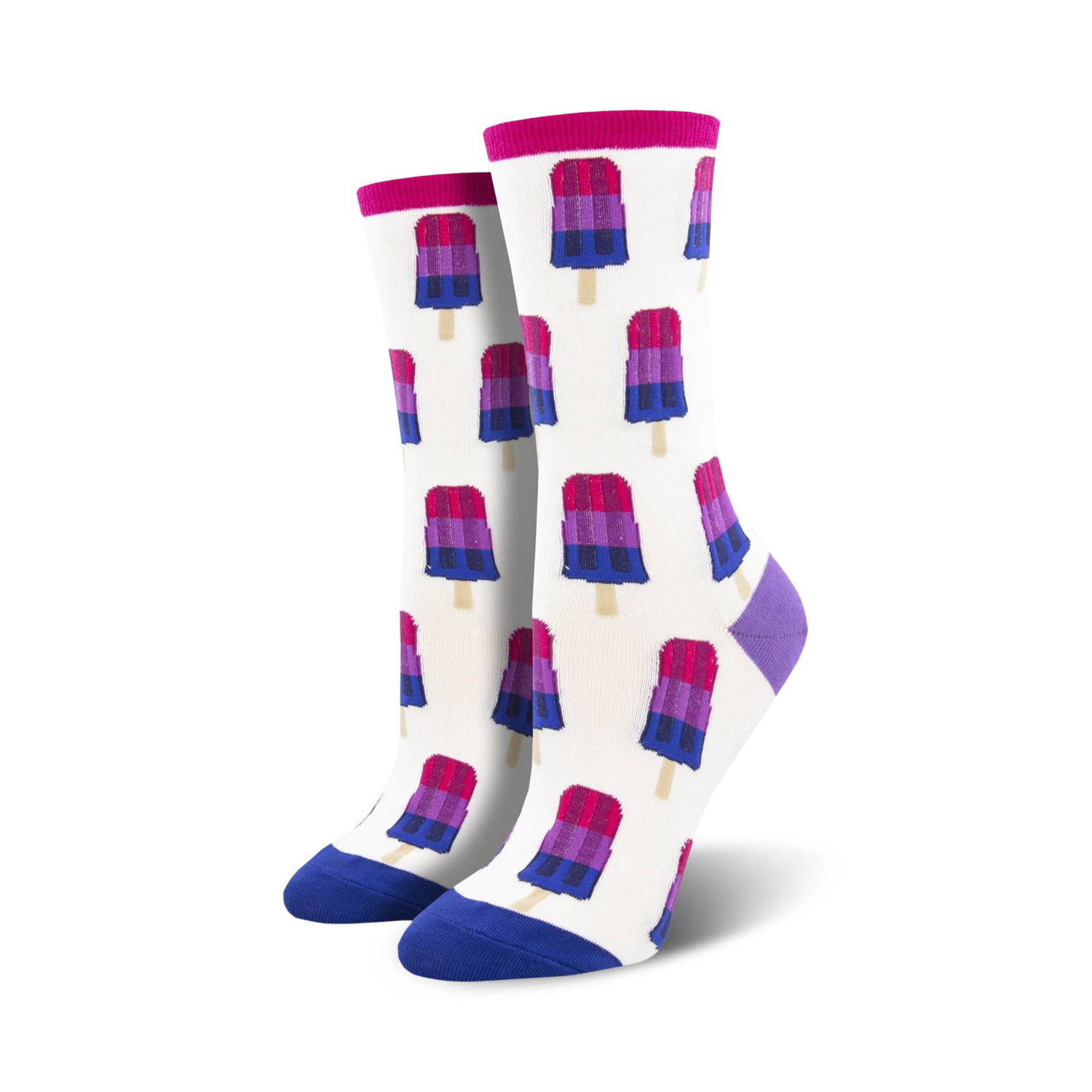 Pair of cream crew socks with a repeating pattern of bisexual pride flag popsicles. Popsicles are pink, purple, and dark blue.