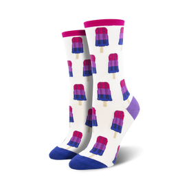 womens bisexual pops crew socks. lgbtqia crew socks with popsicle pattern in blue, purple, and pink.  